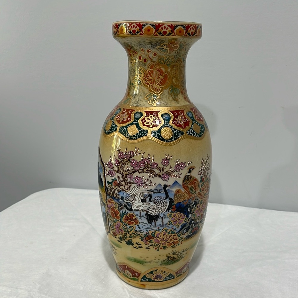 Satsuma Hand Painted Vase 12” Gold Gilded Japan Cranes Cherry Tree Blossoms